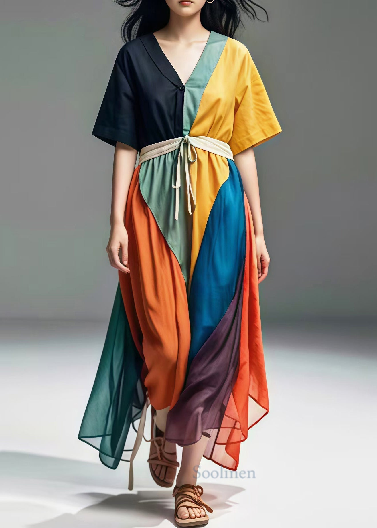 Colorblock V Neck Patchwork Cotton Maxi Dresses Summer