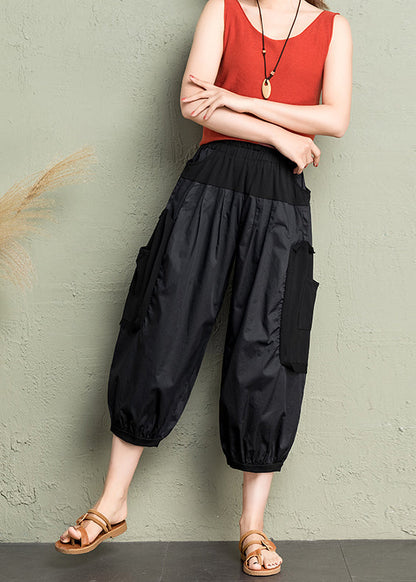 Cozy Black Pockets Patchwork Cotton Lantern Pants Summer