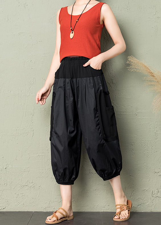 Cozy Black Pockets Patchwork Cotton Lantern Pants Summer