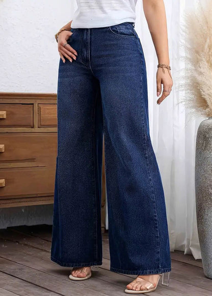 Dark Blue Pockets Patchwork Wide Leg Jeans Fall
