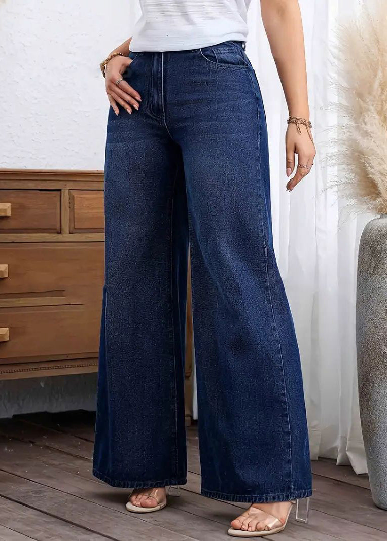 Dark Blue Pockets Patchwork Wide Leg Jeans Fall