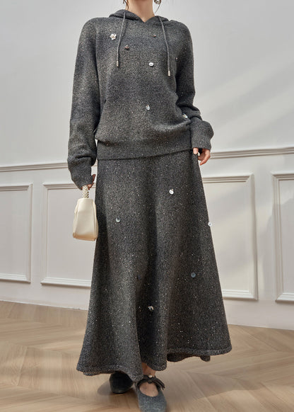 Dark Gray Hooded Sequins Knit Two Pieces Set Winter