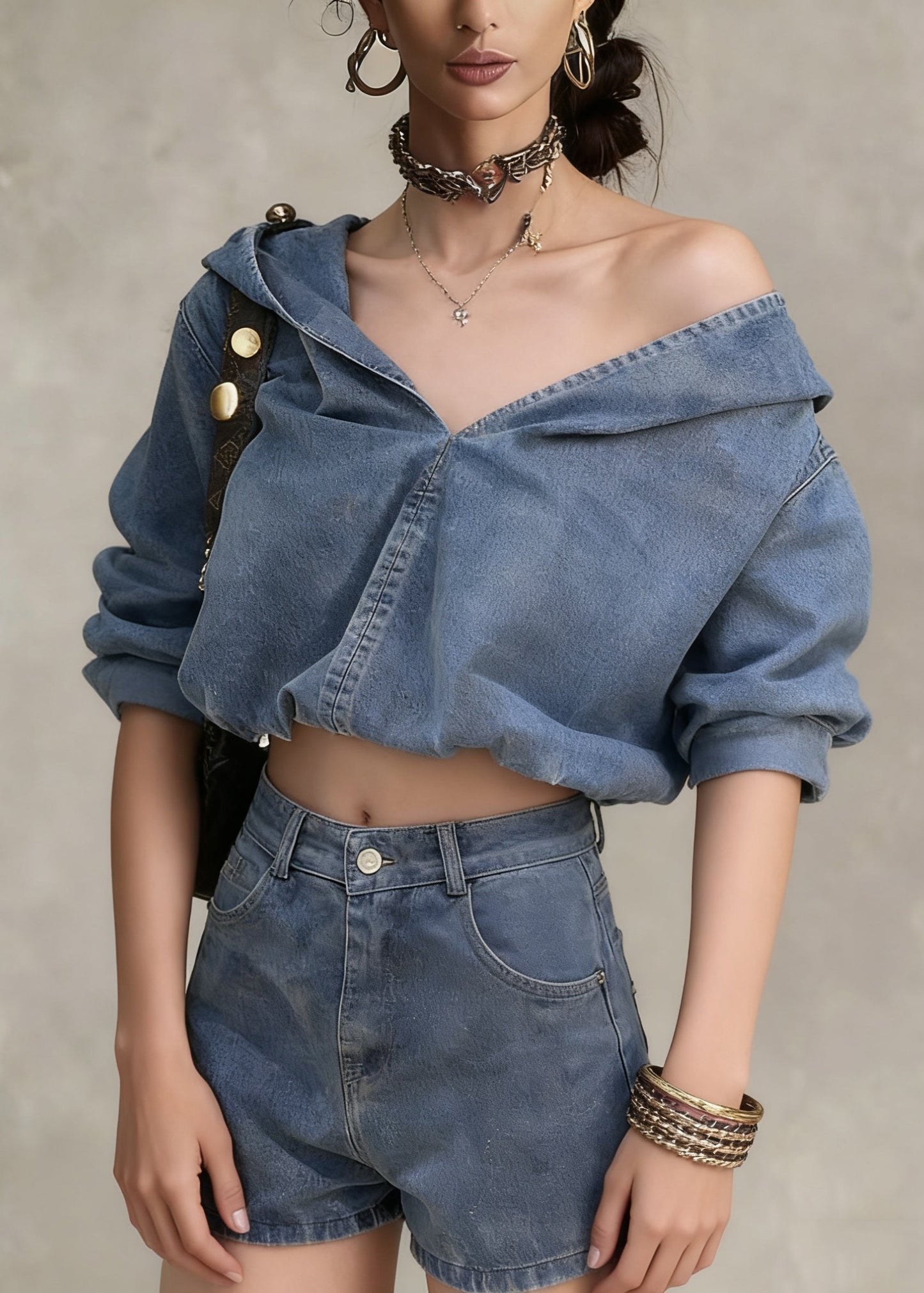 Denim Blue Hooded Coat and Shorts Two Pieces Set Spring