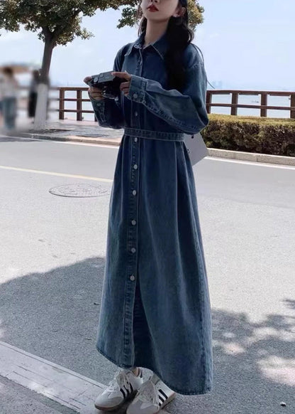Denim Blue Peter Pan Collar Patchwork Button Long Dress Spring