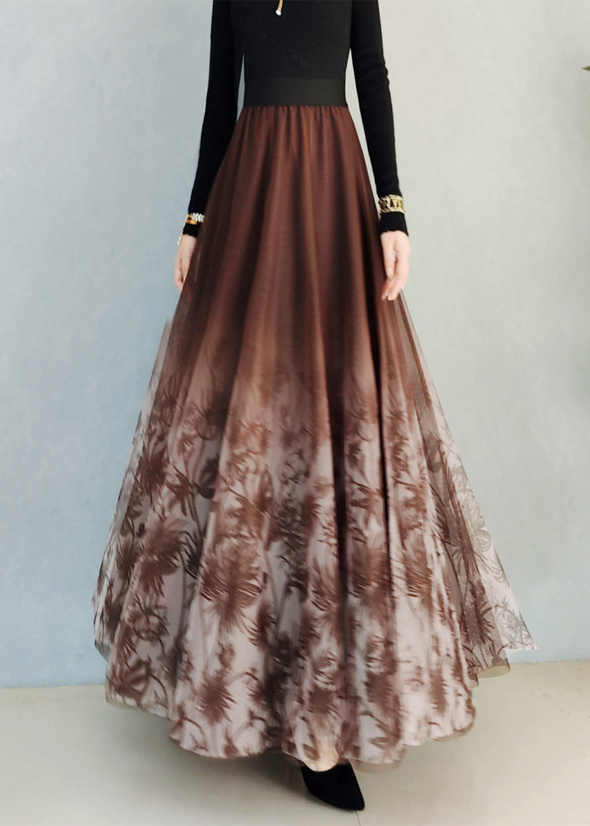 Embroideried Elastic Waist Tulle a Line Skirt Spring