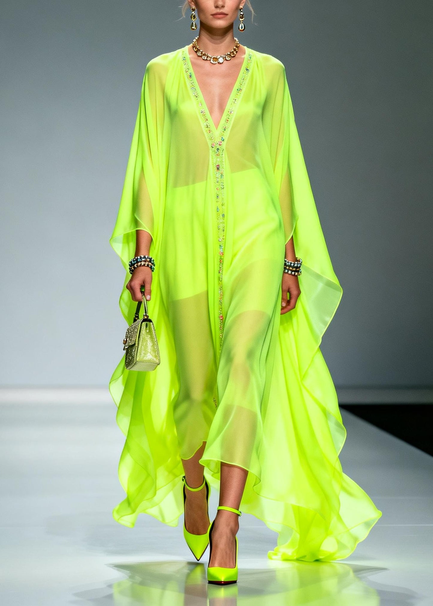 Fluorescent Green Oversized Zircon Chiffon Long Dress Summer