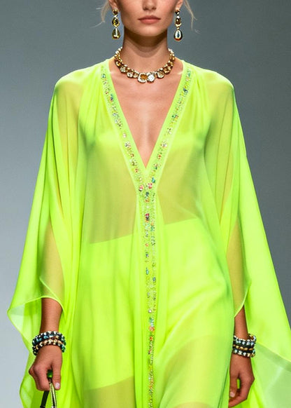 Fluorescent Green Oversized Zircon Chiffon Long Dress Summer