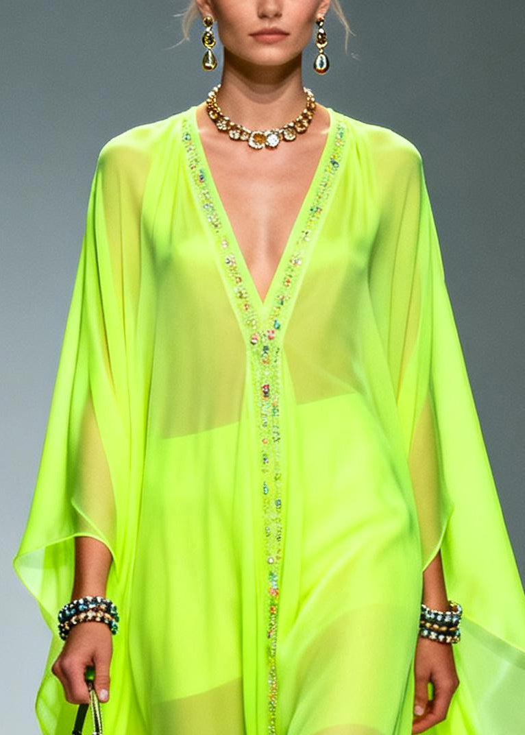 Fluorescent Green Oversized Zircon Chiffon Long Dress Summer