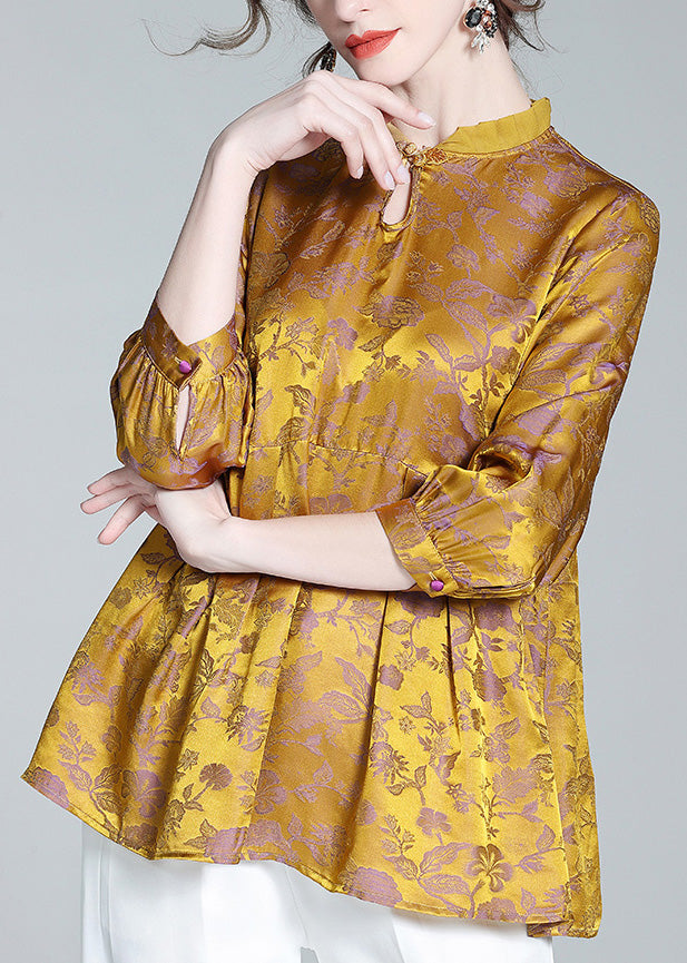Gold Stand Collar Print Button Silk Tops Long Sleeve