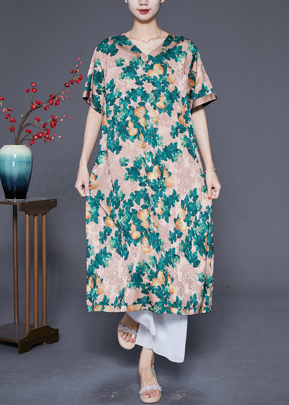 Green and Black Print Wear on Both Sides Silk Long Dresses Summer