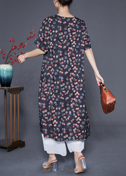 Green and Black Print Wear on Both Sides Silk Long Dresses Summer