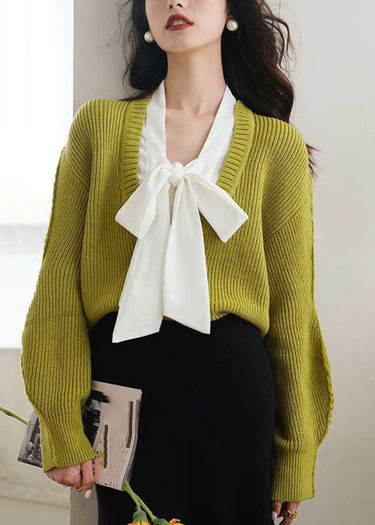 Green Bow Cozy Fake Two Pieces Knit Sweaters Spring