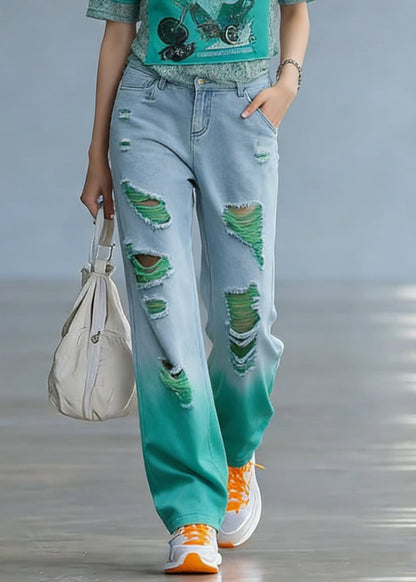 Green O-neck Print Hole Denim T Shirt and Straight Pants Two Pieces Set Short Sleeve