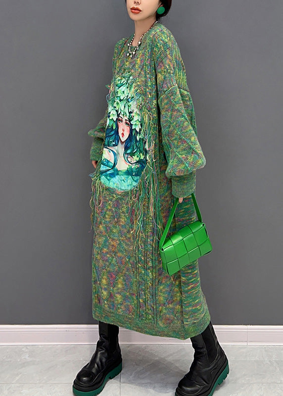 Green O-neck Print Knit Holiday Maxi Sweaters Dress Winter