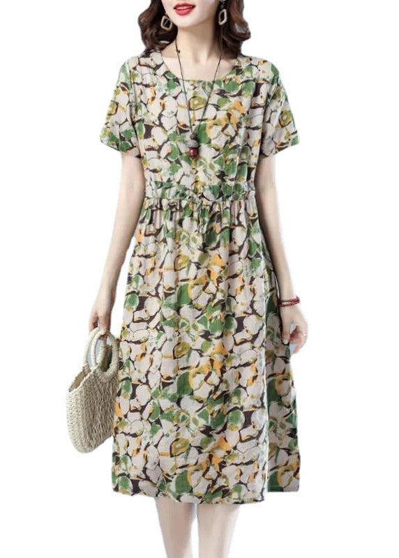 Green O-neck Print Pockets Long Dress Short Sleeve