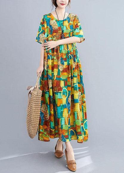 Green O-neck Print Summer Patchwork Robe Dresses Half Sleeve