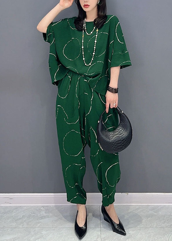 Green O-neck Print Tops and Pants Patchwork Cotton Two Pieces Set Summer