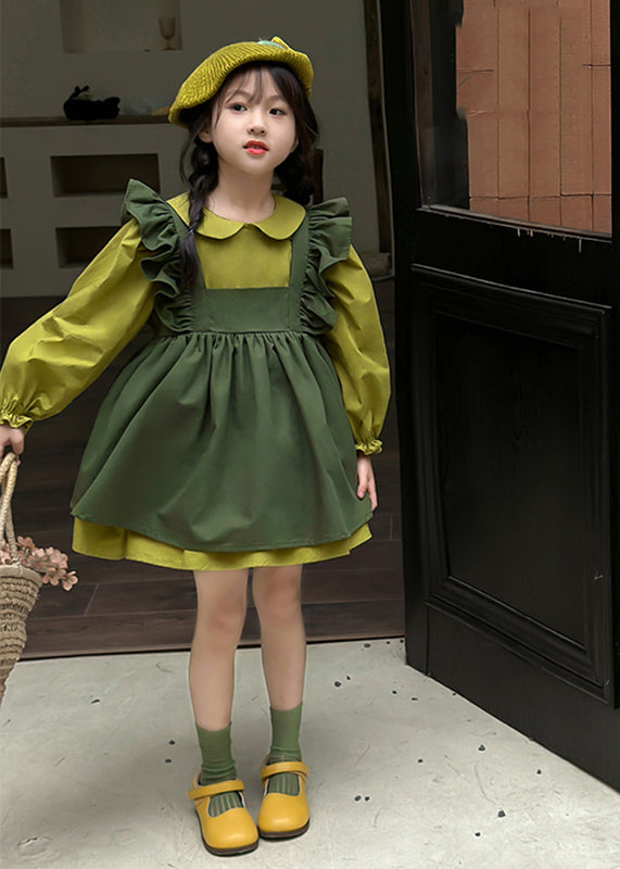 Green Peter Pan Collar Ruffled Kids Long Waistcoat and Mid Dresstwo Pieces Set Long Sleeve
