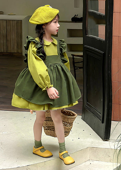 Green Peter Pan Collar Ruffled Kids Long Waistcoat and Mid Dresstwo Pieces Set Long Sleeve