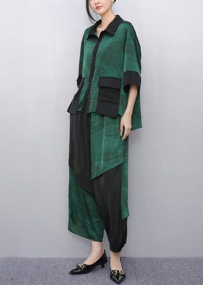 Green Peter Pan Collar Top and Wide Leg Pants Two Pieces Set Summer