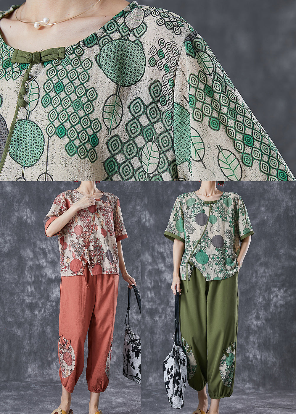 Green Print Chinese Button Cotton Two Pieces Set Summer