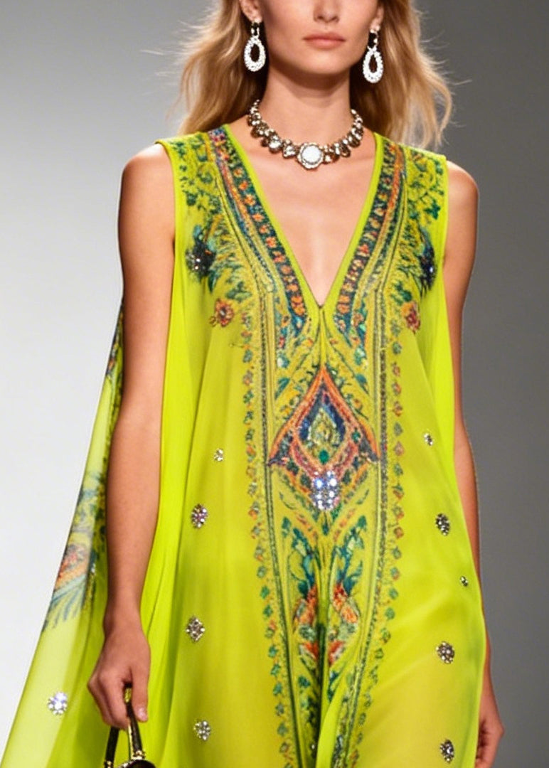 Green Print Sparkly Draping Chiffon Holiday Dresses Summer