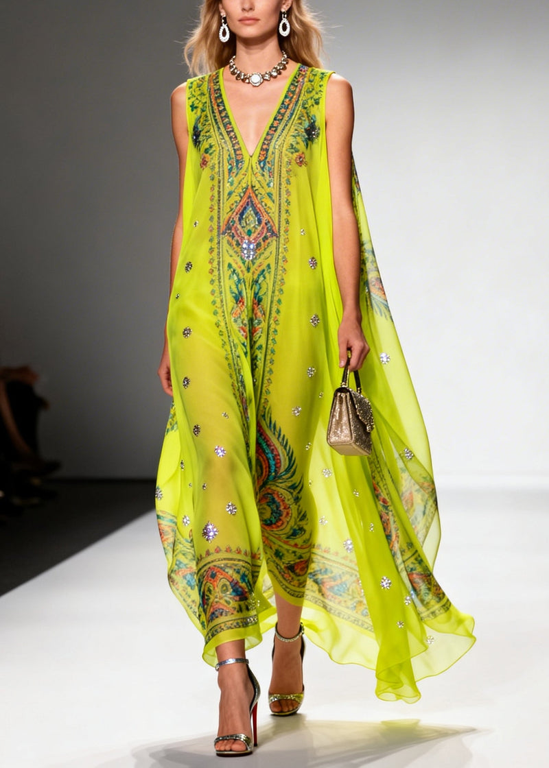 Green Print Sparkly Draping Chiffon Holiday Dresses Summer