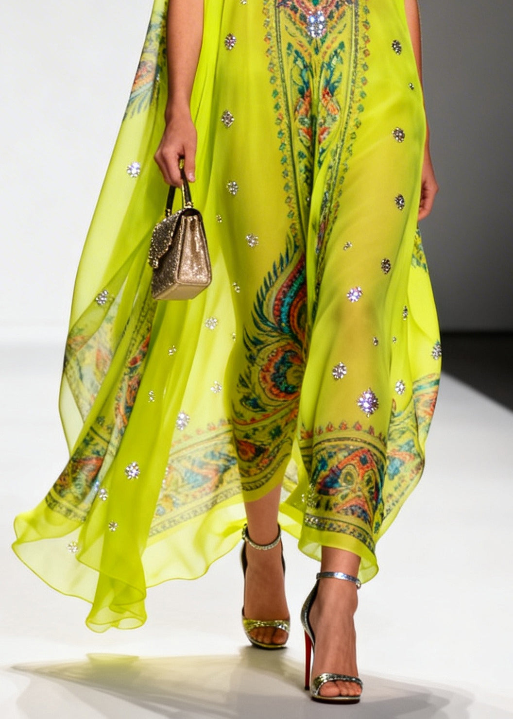 Green Print Sparkly Draping Chiffon Holiday Dresses Summer