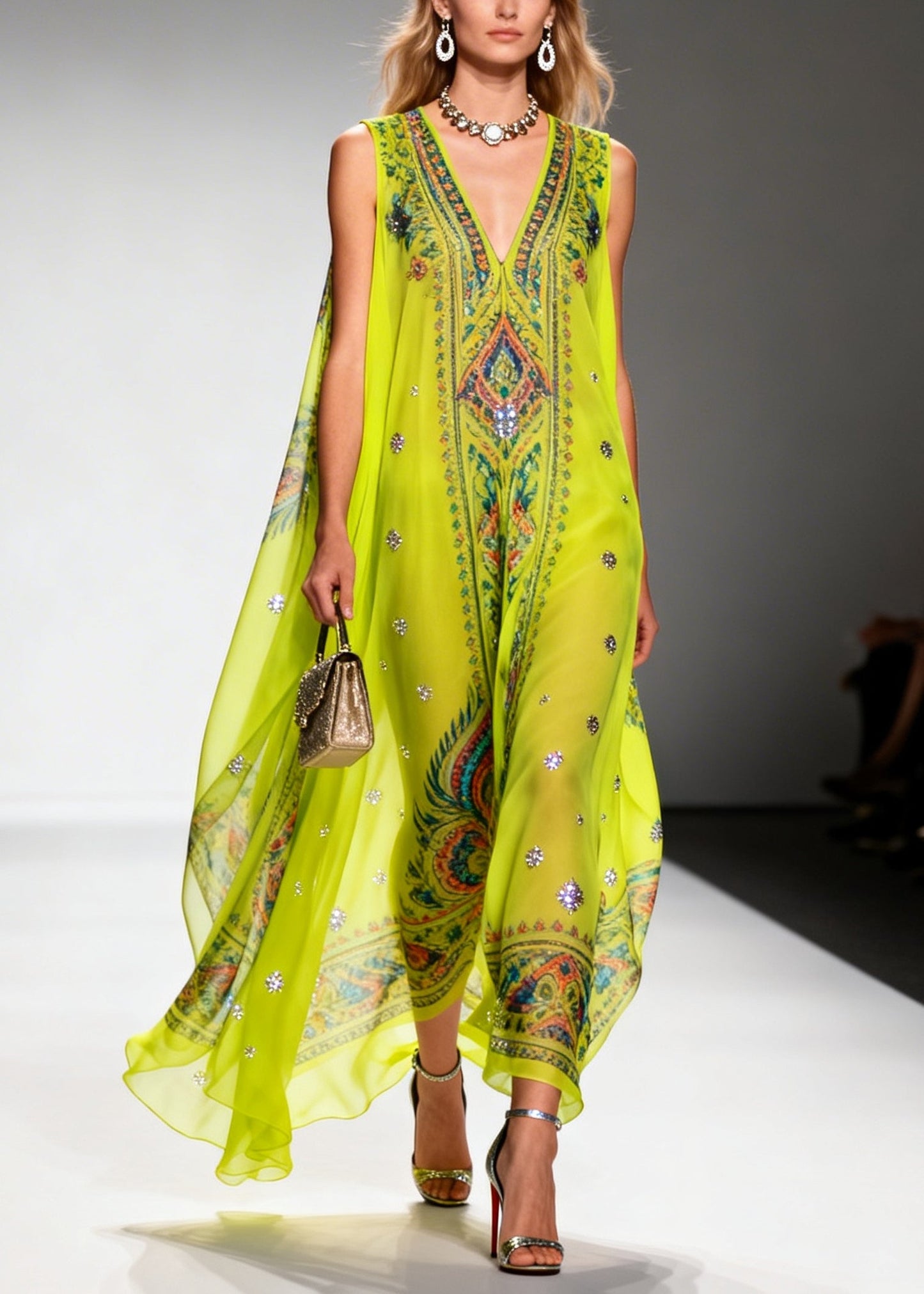 Green Print Sparkly Draping Chiffon Holiday Dresses Summer