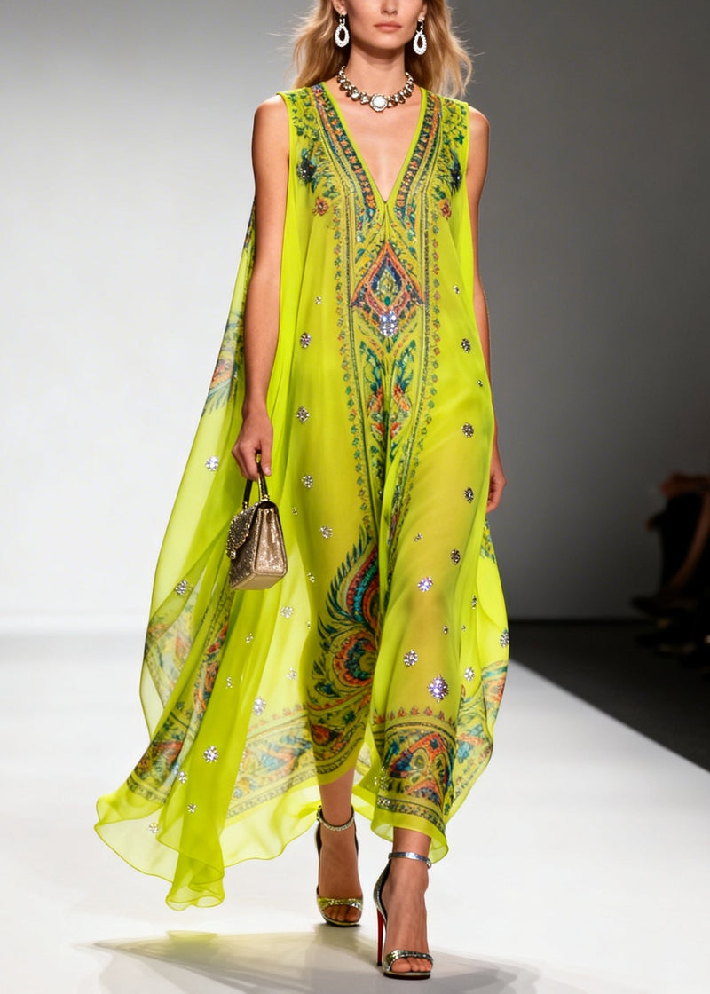 Green Print Sparkly Draping Chiffon Holiday Dresses Summer