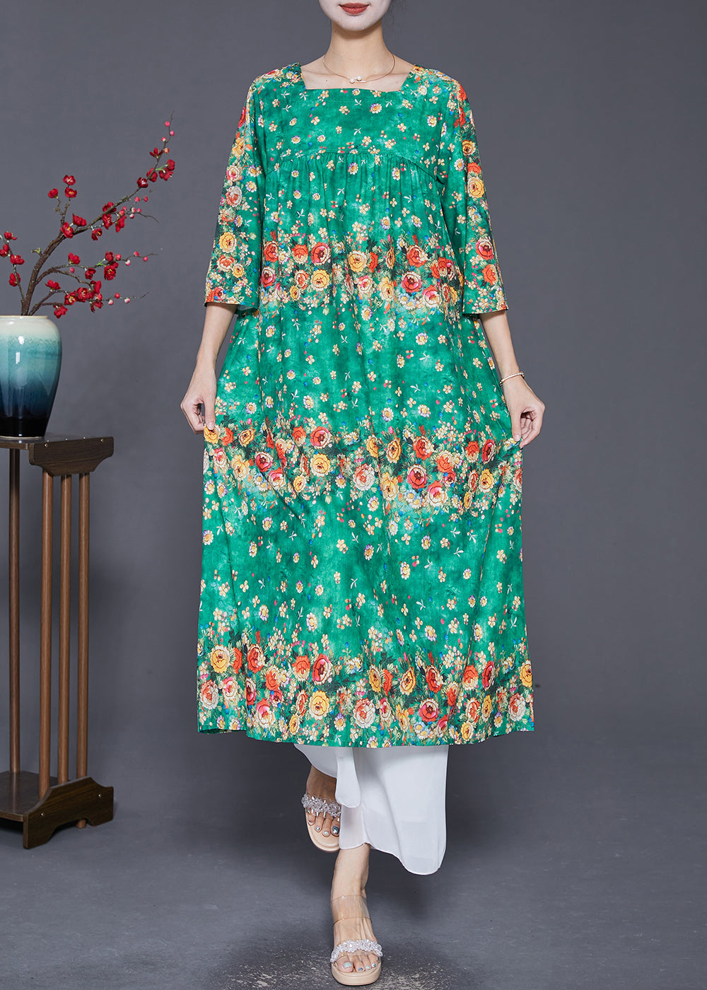 Green Square Collar Print Silk Dresses Summer