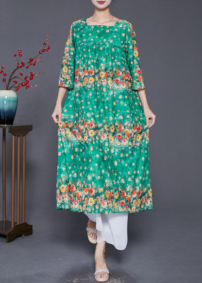 Green Square Collar Print Silk Dresses Summer