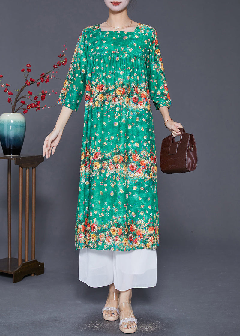 Green Square Collar Print Silk Dresses Summer
