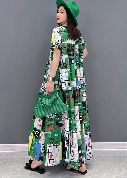 Green Stand Collar Patchwork Exra Large Hem Print Chiffon Maxi Dress Short Sleeve