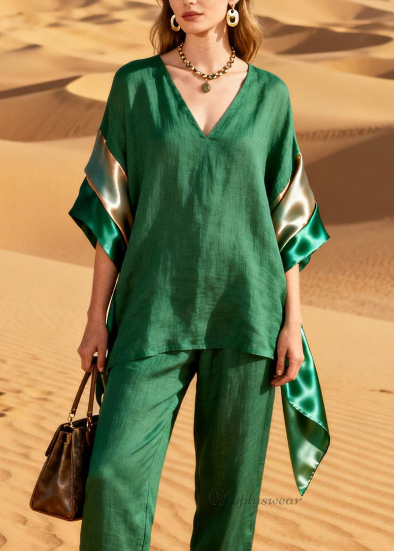 Green Top and Pants Patchwork Linen Silk Two Pieces Set Summer