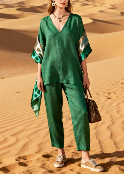 Green Top and Pants Patchwork Linen Silk Two Pieces Set Summer