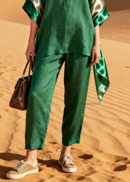 Green Top and Pants Patchwork Linen Silk Two Pieces Set Summer