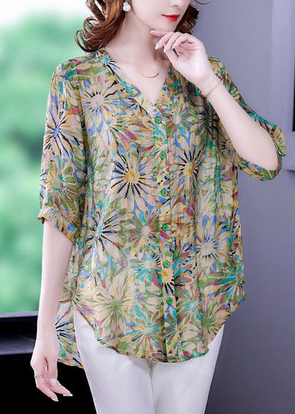 Green V Neck Oversized Print Chiffon Shirt Tops Half Sleeve