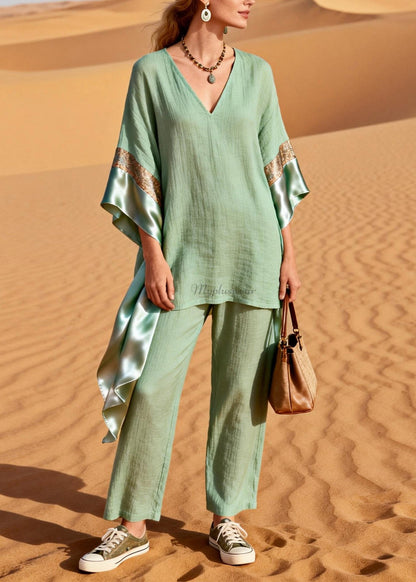 Green V Neck Patchwork Linen Silk Two Pieces Set Summer