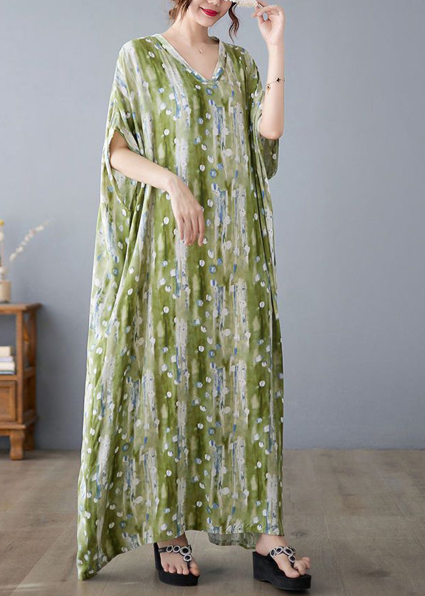 Green V Neck Print Linen Long Dress Summer