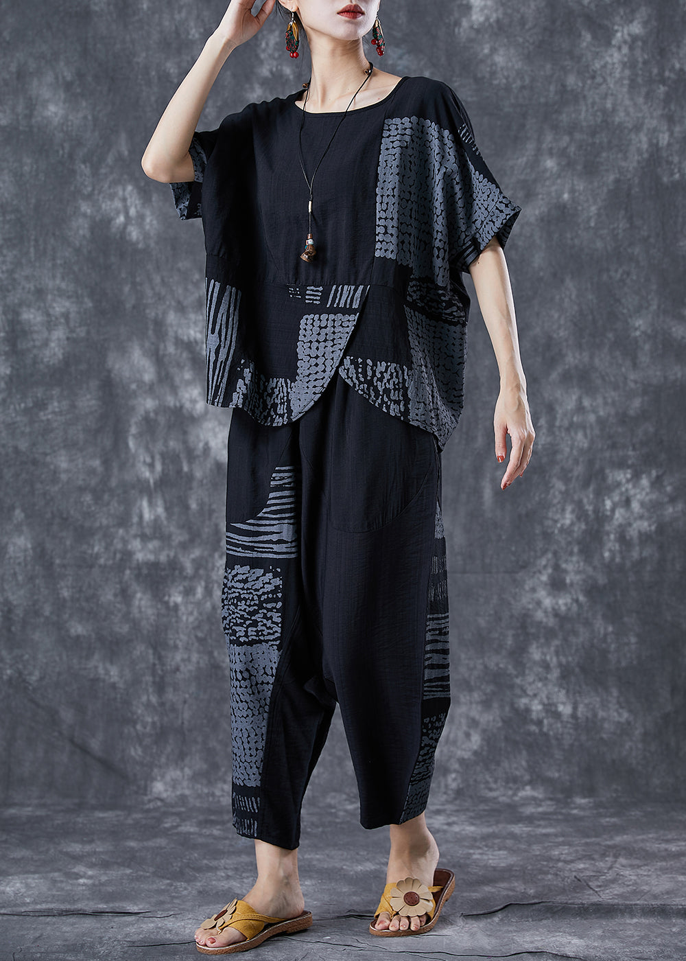 Grey Asymmetrical Patchwork Cotton 2 Piece Outfit Summer