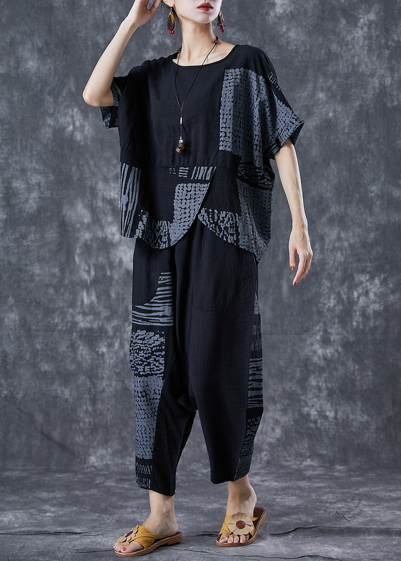 Grey Asymmetrical Patchwork Cotton 2 Piece Outfit Summer