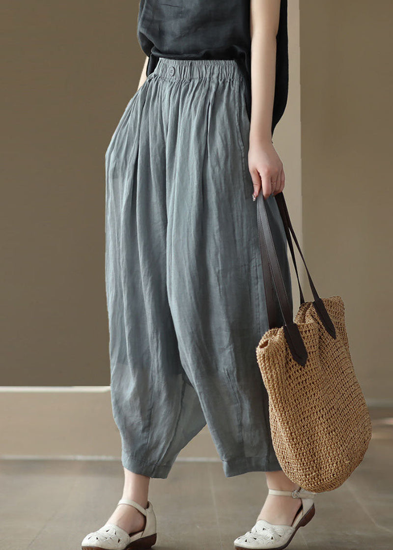 Grey Elastic Waist Pockets Patchwork Linen Lantern Pants Summer