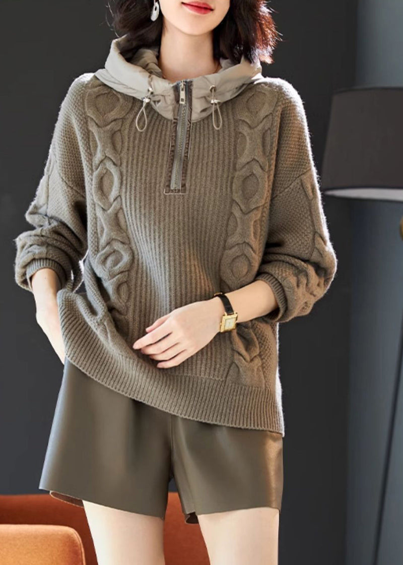 Grey Hooded Patchwork Knit Sweatshirts Top Winter