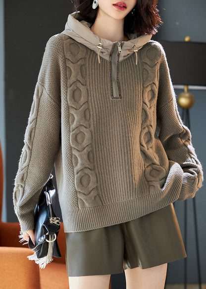 Grey Hooded Patchwork Knit Sweatshirts Top Winter