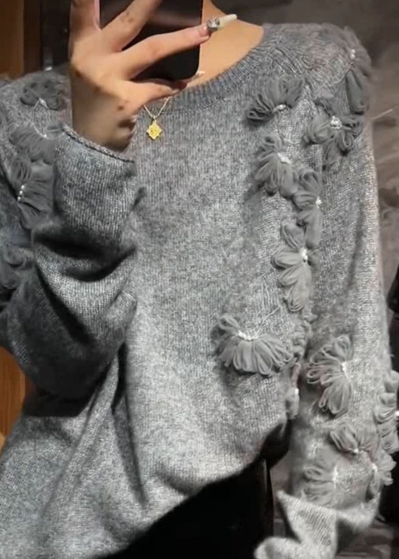 Grey O-neck Cotton Knit Sweater Spring