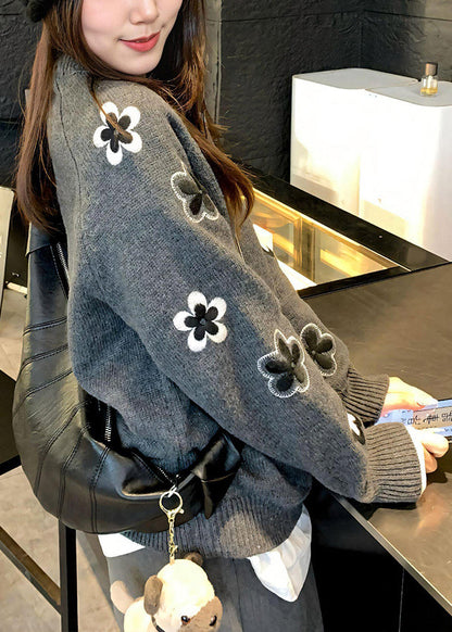 Grey O Neck Knit Sweater Tops Spring