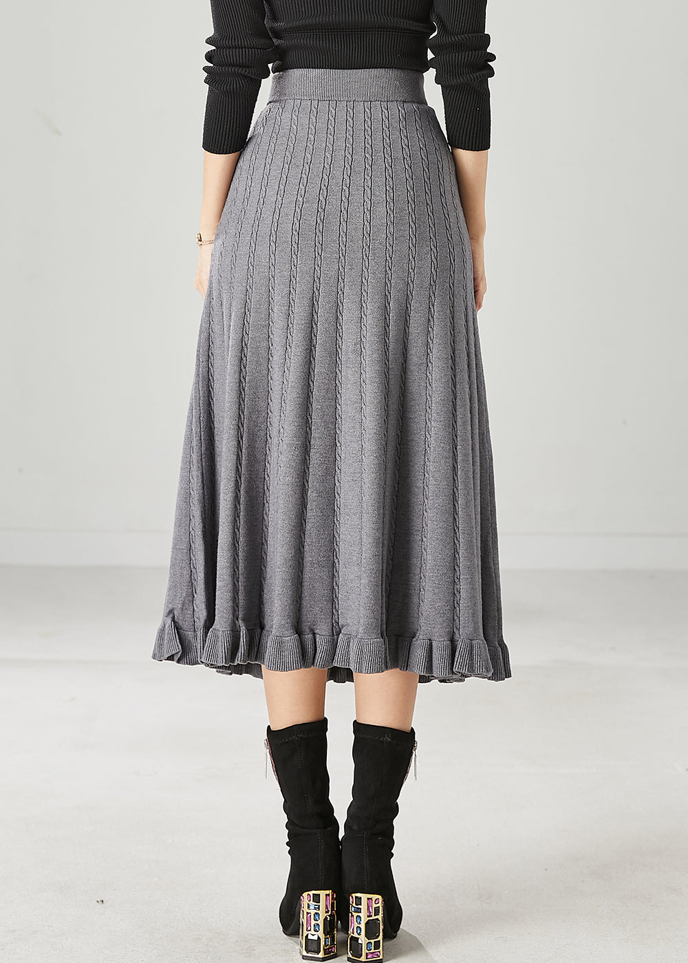 Grey Ruffled Exra Large Hem Knit Skirts Spring