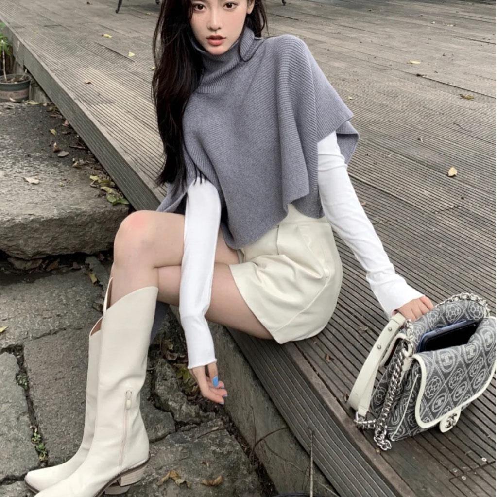 Sweater Tops Grey Turtleneck Asymmetrical Design Cloak Sleeves Knit Top
