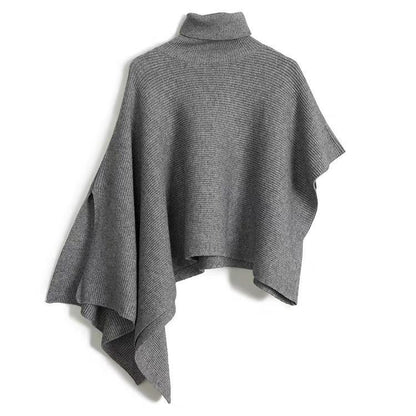 Sweater Tops Grey Turtleneck Asymmetrical Design Cloak Sleeves Knit Top